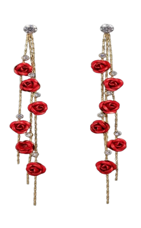 Brincos Longos Retrô com Rosa e Detalhes em Strass